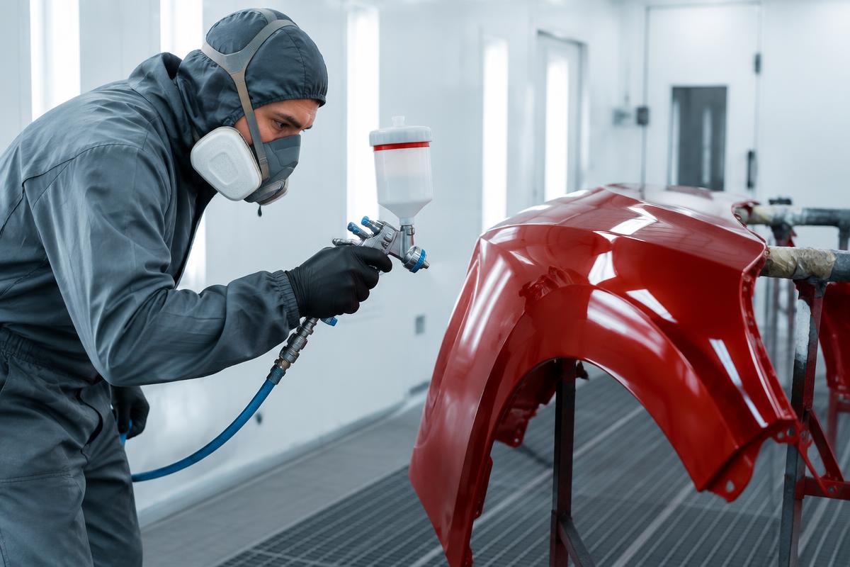 Vehicle paintwork being refinished in the workshop