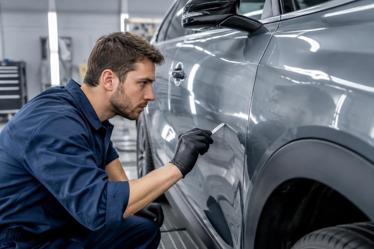 Vehicle panel undergoing bodywork inspection